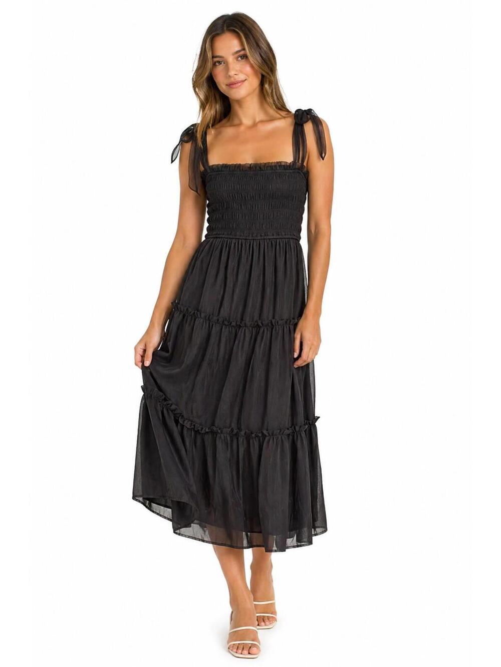 &Merci Black Smocked Tiered Tule Maxi Dress Size M Boho Whimsigoth Tie-Shoulder